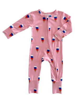 2-Way Convertible Zip Romper, Pink Ice Cream