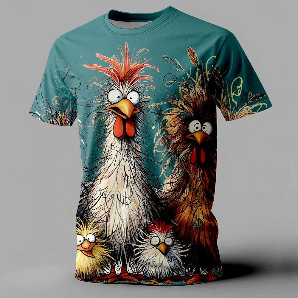 3xl-5xl Chicken Print Summer Casual Short Sleeve Tee.