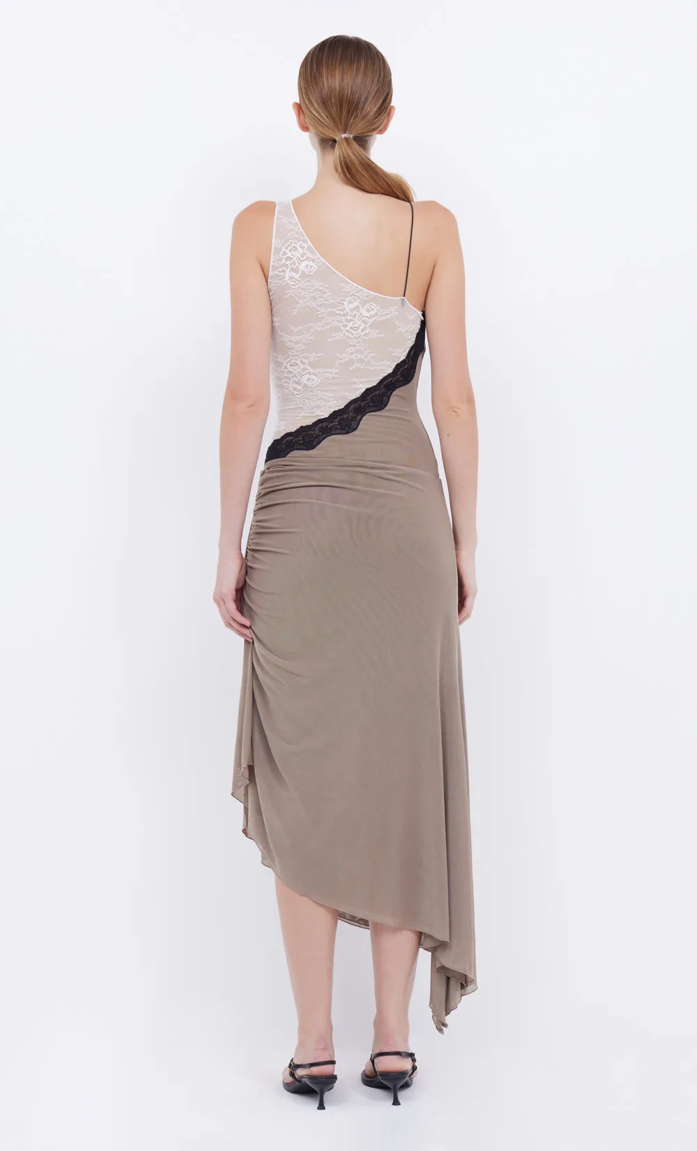 ABRIELLE ASYM MIDI DRESS - TAUPE/IVORY