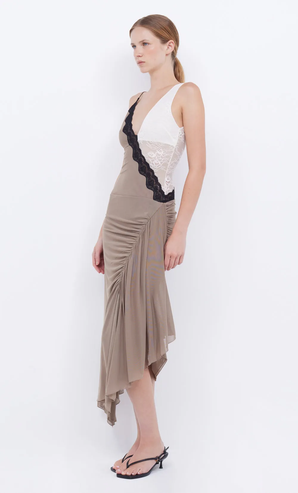 ABRIELLE ASYM MIDI DRESS - TAUPE/IVORY