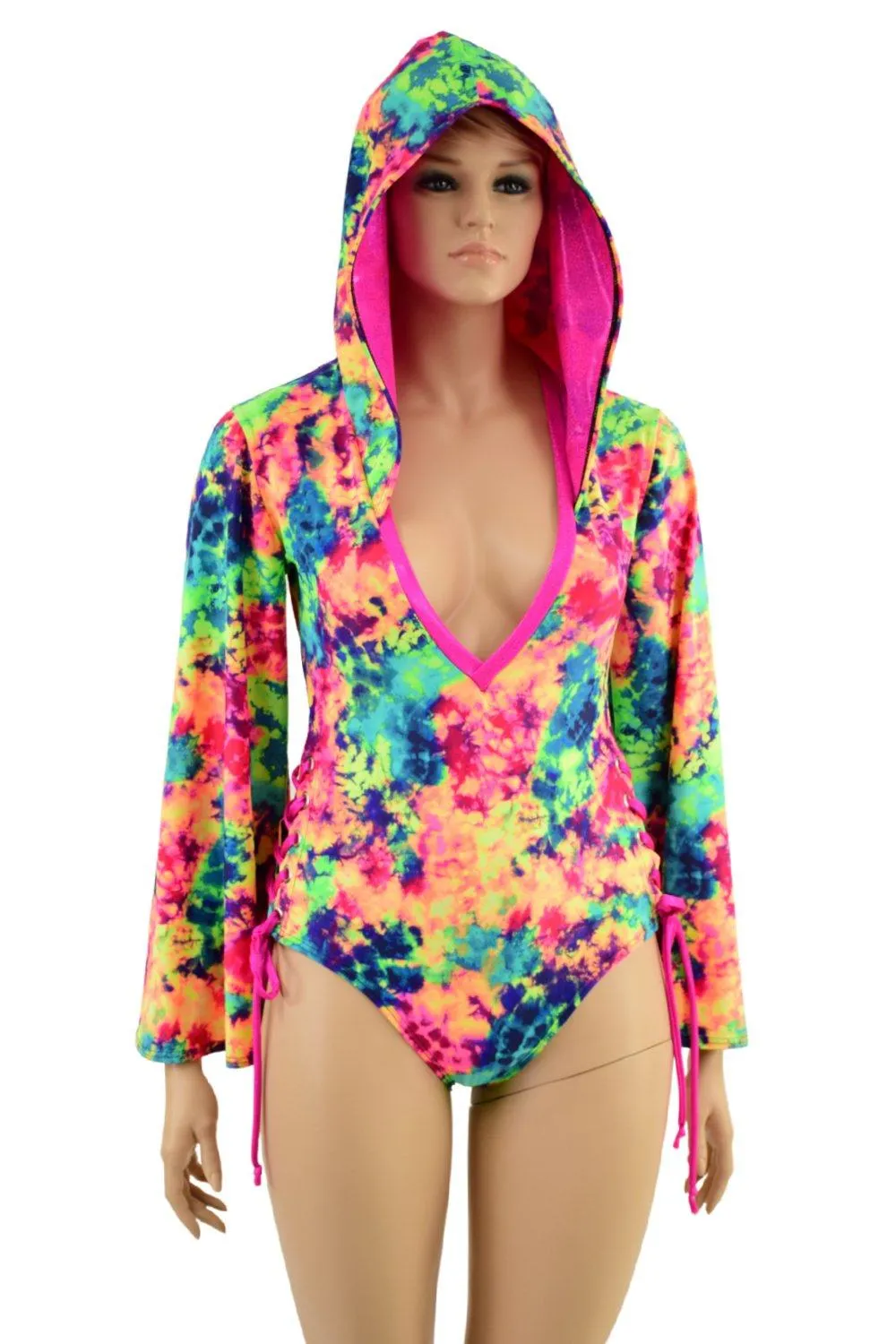 Acid Splash Hooded Romper with Lace Up Hips