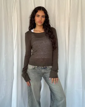 Addison Long Sleeve Sheer Knit Top in Dark Chocolate