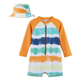 Andy & Evan Tie Dye Stripe Rashguard Swim Romper & Hat