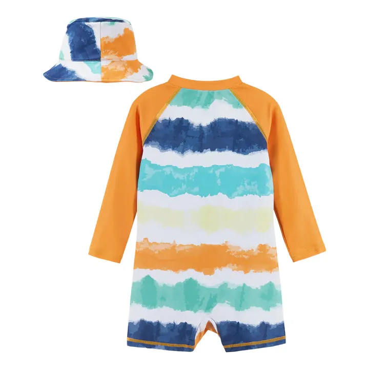 Andy & Evan Tie Dye Stripe Rashguard Swim Romper & Hat