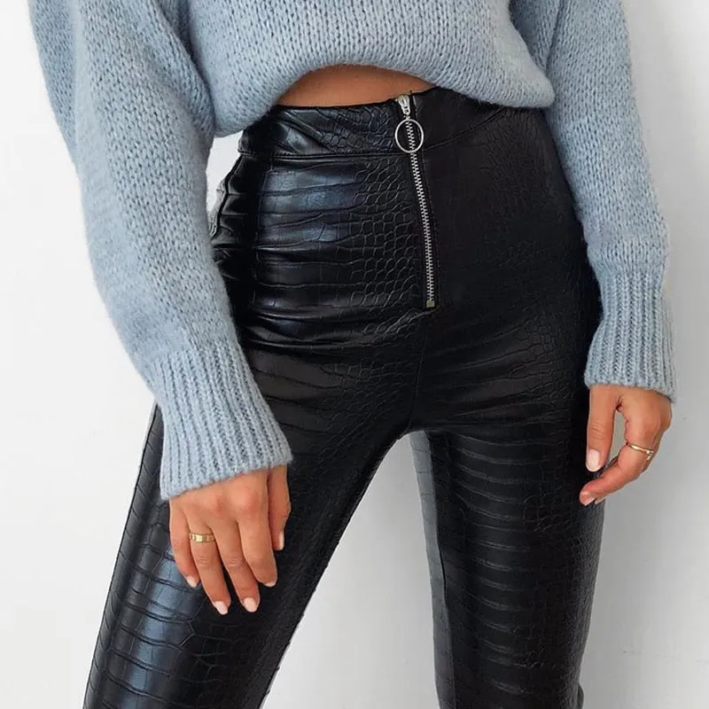 Annie Slim Black High Waist Faux Leather Pants