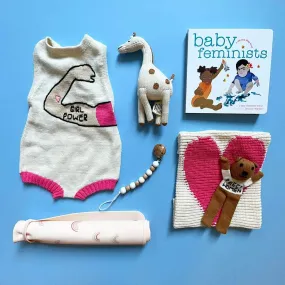 Baby Gift Set-Feminist Baby Romper, Lovey, Bear, Book, Placemat, Paci Holder and Giraffe