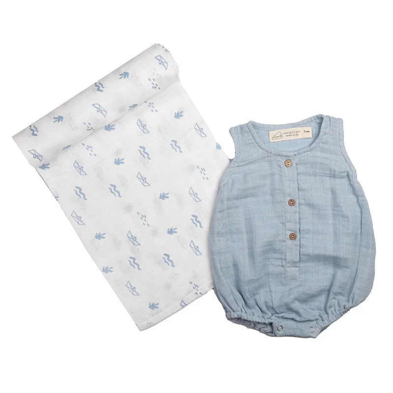 Baby Gift Set | Organic Cotton Muslin | Romper & Swaddle | Baby Blue