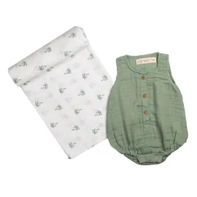 Baby Gift Set | Organic Cotton Muslin | Romper & Swaddle | Sage Green