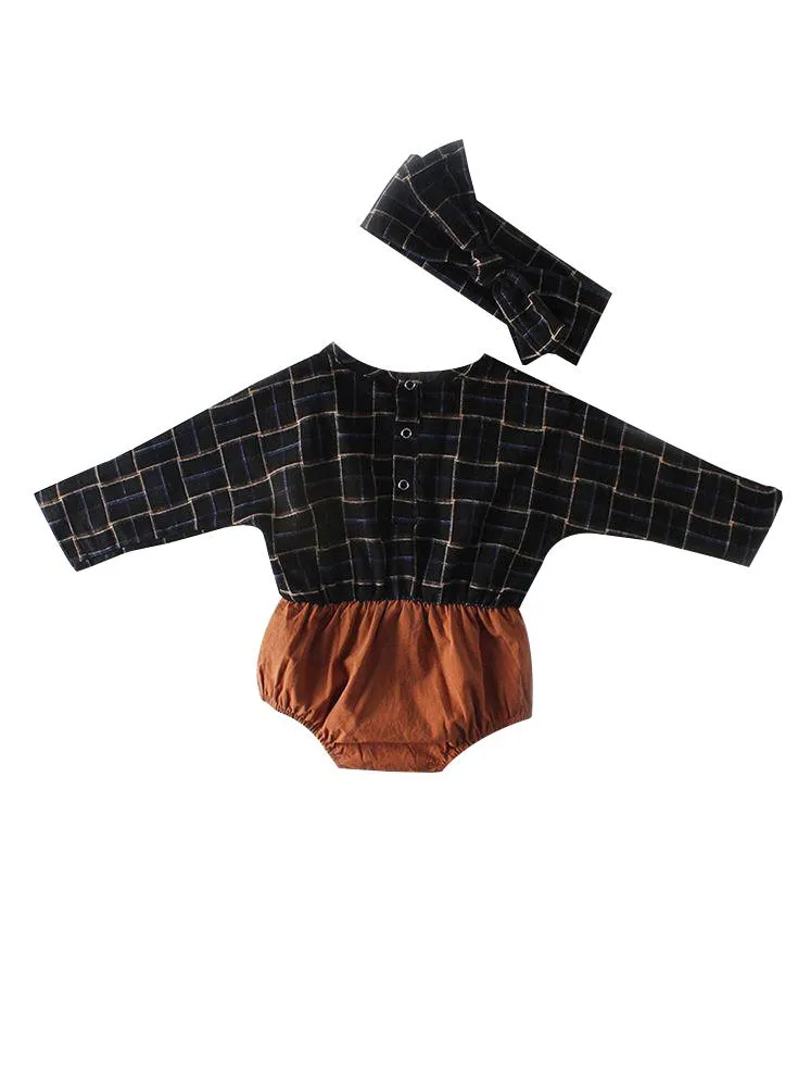 Baby Girl Checked Patchwork Romper with Bow Headband