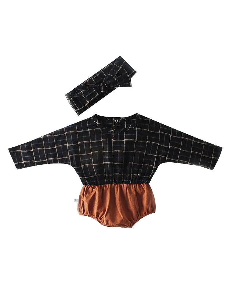 Baby Girl Checked Patchwork Romper with Bow Headband