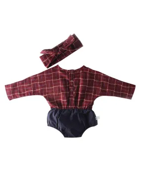 Baby Girl Checked Patchwork Romper with Bow Headband