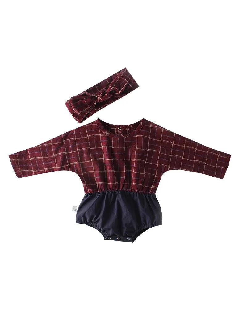 Baby Girl Checked Patchwork Romper with Bow Headband