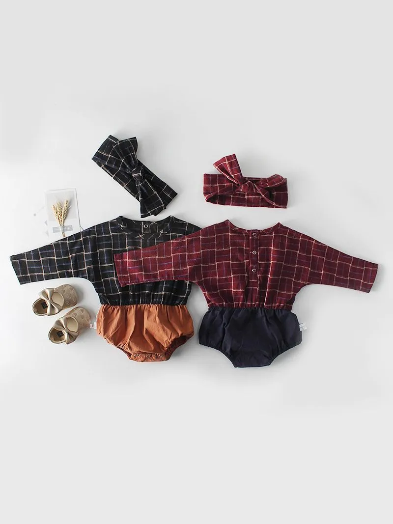 Baby Girl Checked Patchwork Romper with Bow Headband