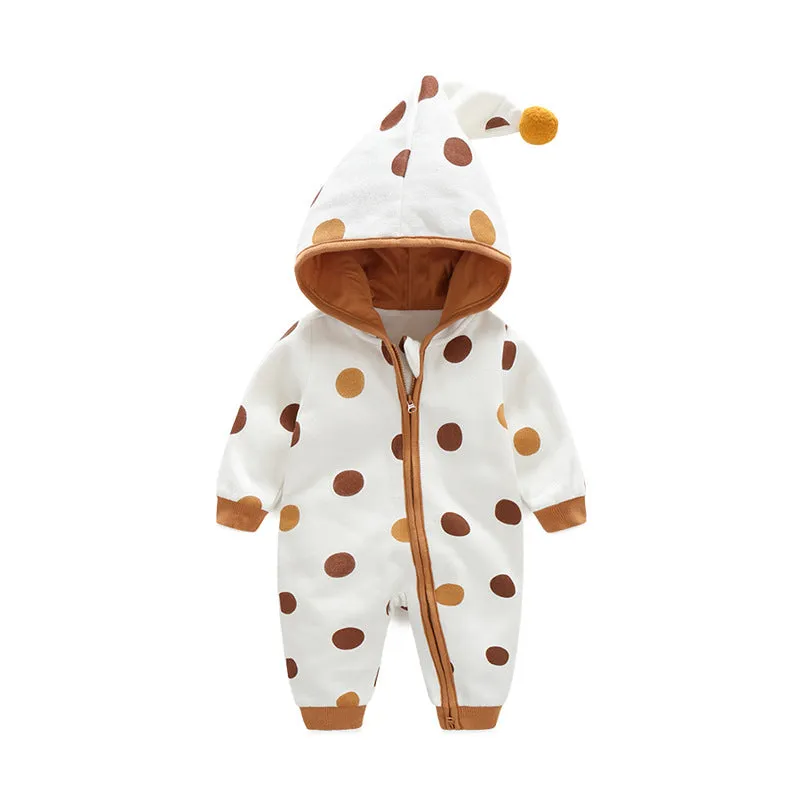 Baby Polka Dot Pattern Button Front Design Fleece Warm Rompers With Hat by MyKids-USA™