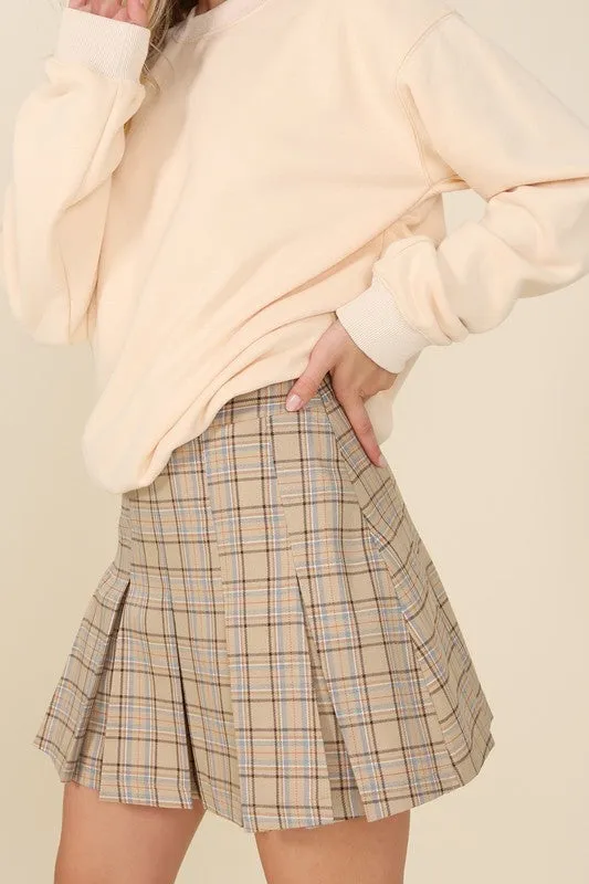 Beige Check Plaid Pleated Mini Skirt