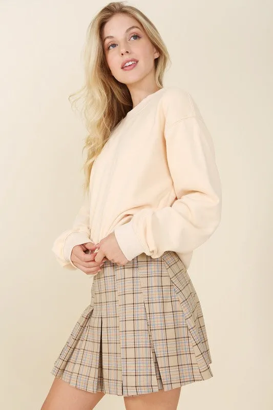 Beige Check Plaid Pleated Mini Skirt