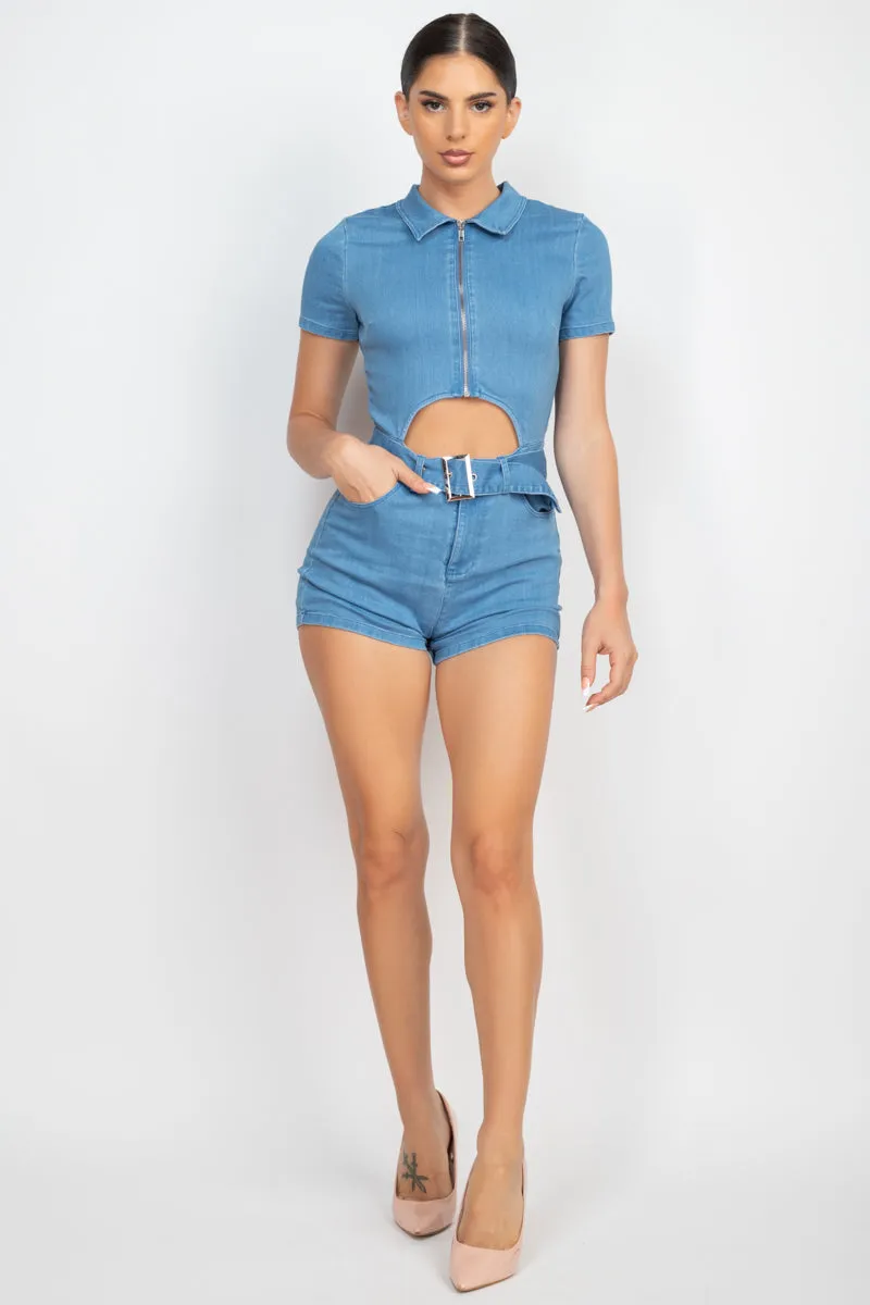 Belted Zip-up Denim Romper