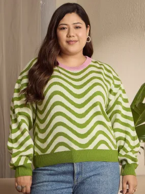 Berrylush Curve Women Green & White Striped Pattern Round Neck Drop-Shoulder Sleeves Ribbed Hem Regular Pullover