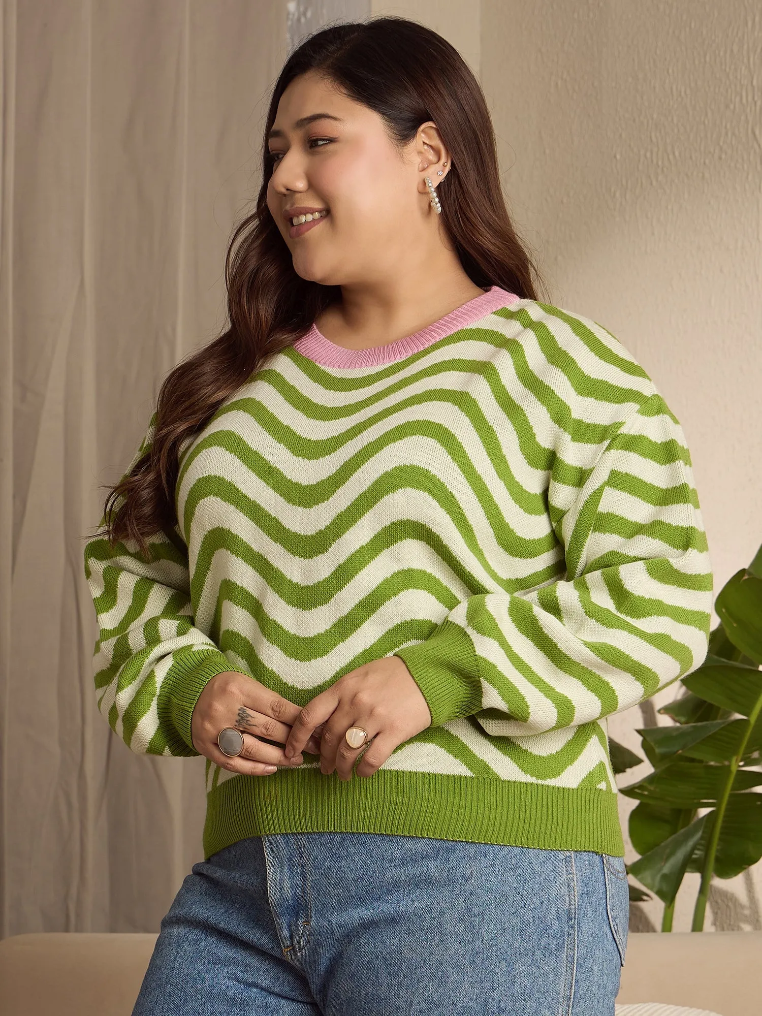 Berrylush Curve Women Green & White Striped Pattern Round Neck Drop-Shoulder Sleeves Ribbed Hem Regular Pullover