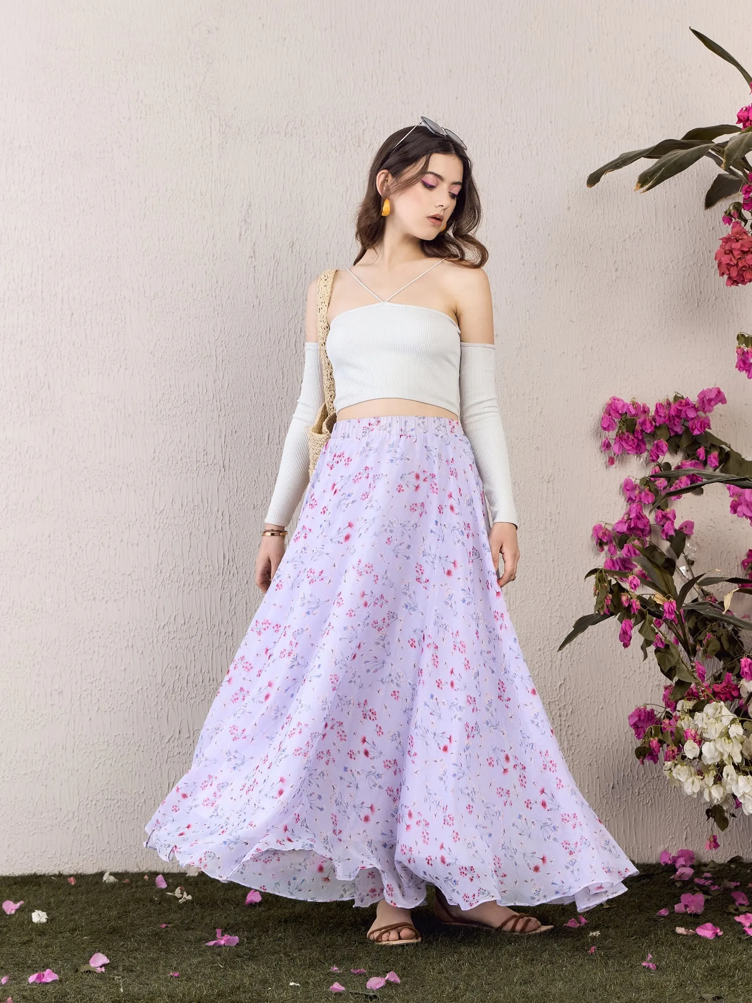 Berrylush Women Purple & Pink Floral Printed High-Rise Waist Slip-on Pleated Maxi Skirt