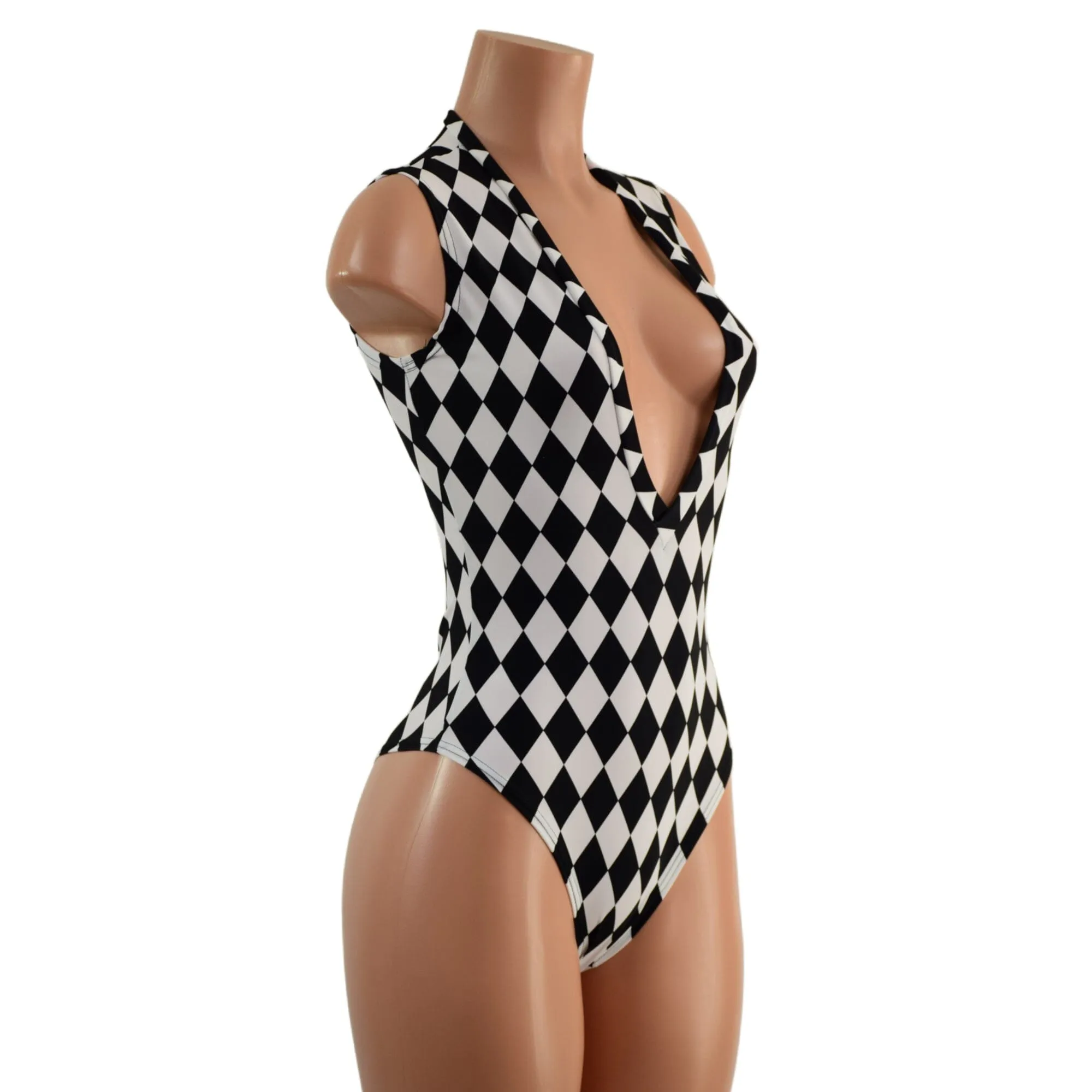 Black and White Diamond Plunging V Neck Romper with Brazilian Cut Leg