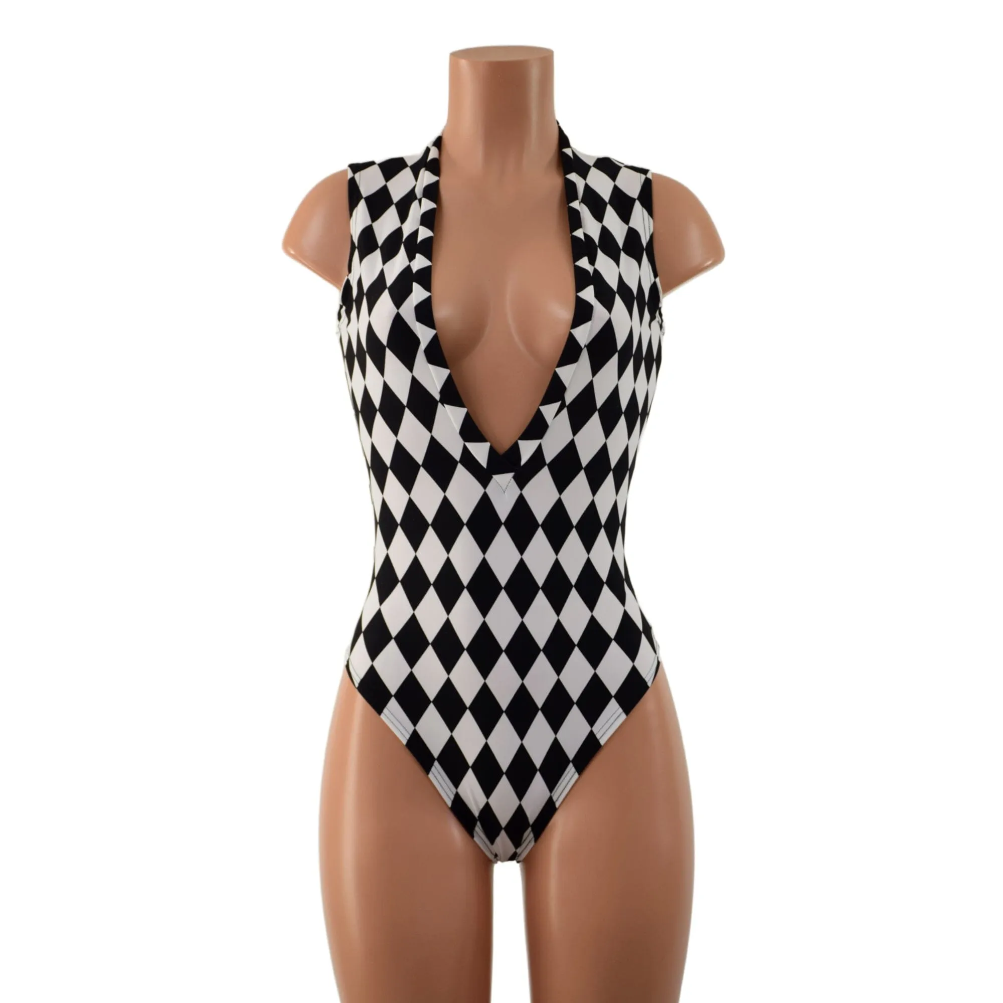 Black and White Diamond Plunging V Neck Romper with Brazilian Cut Leg