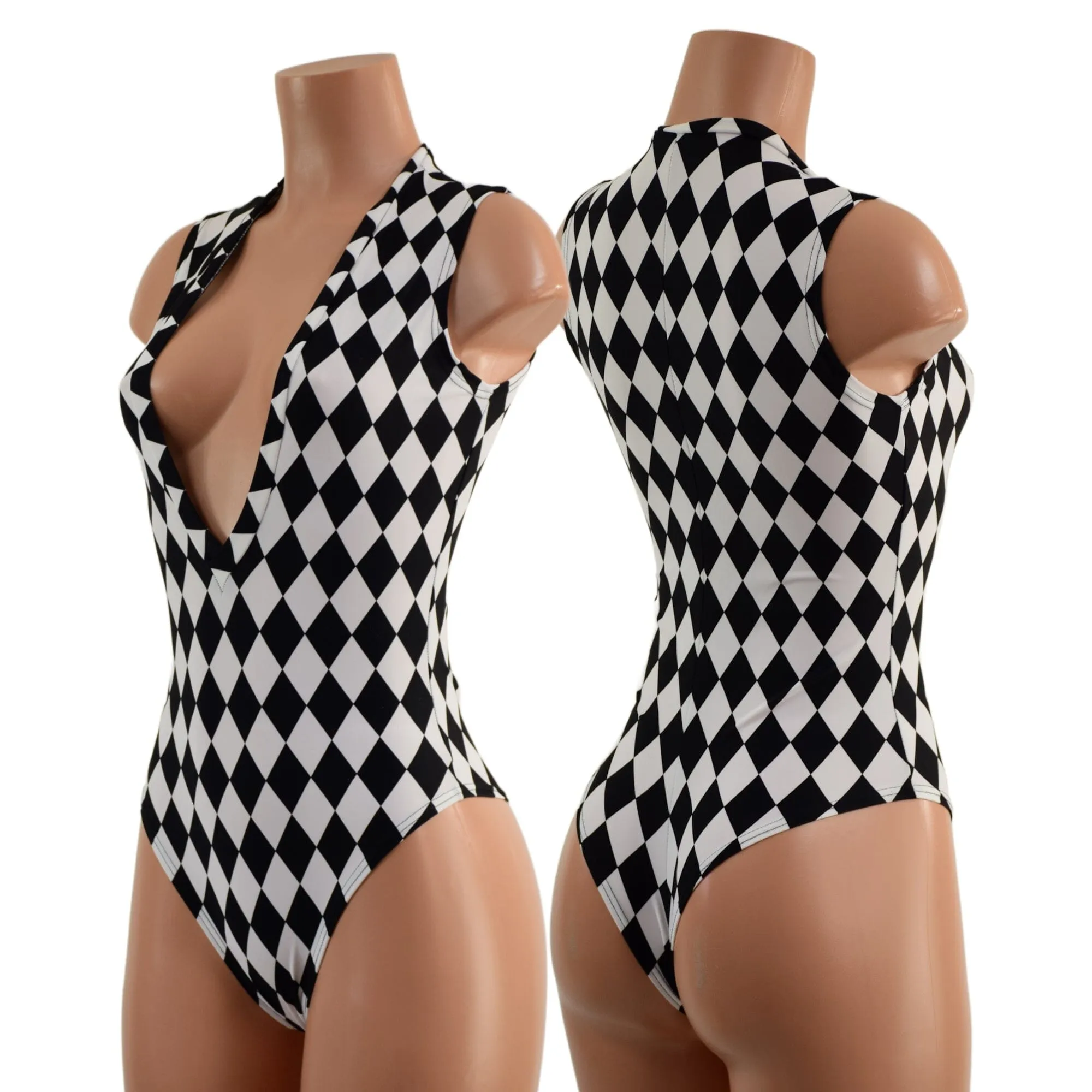 Black and White Diamond Plunging V Neck Romper with Brazilian Cut Leg