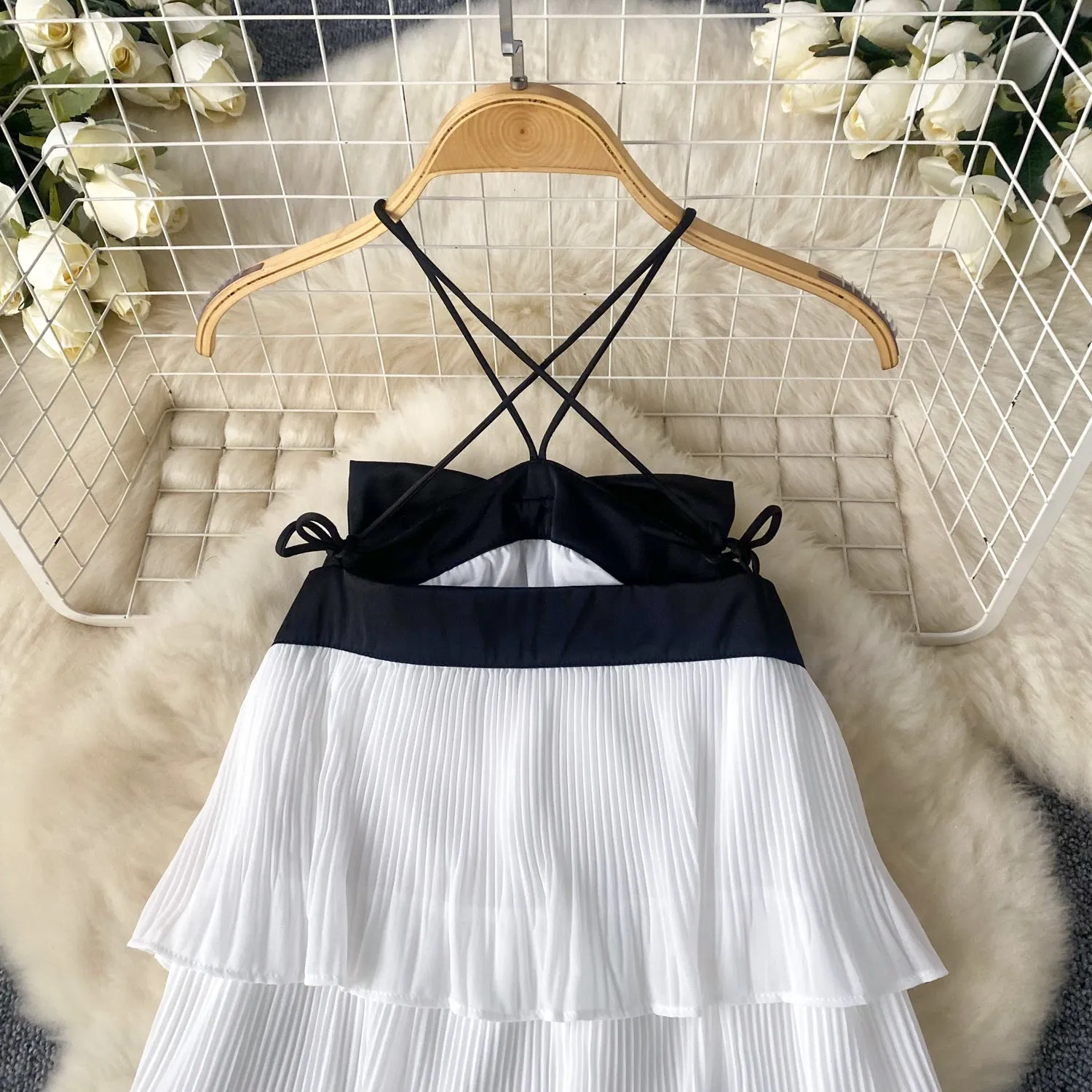 Black Bow White Ruffled Halter Dress