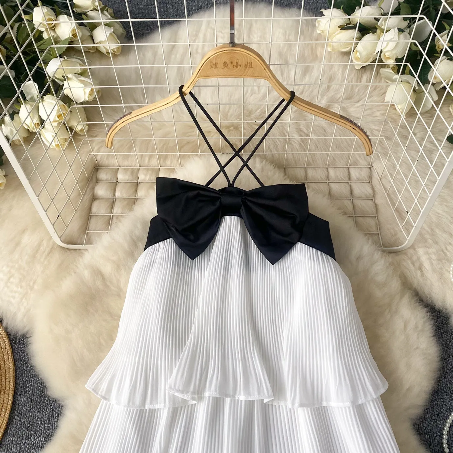 Black Bow White Ruffled Halter Dress