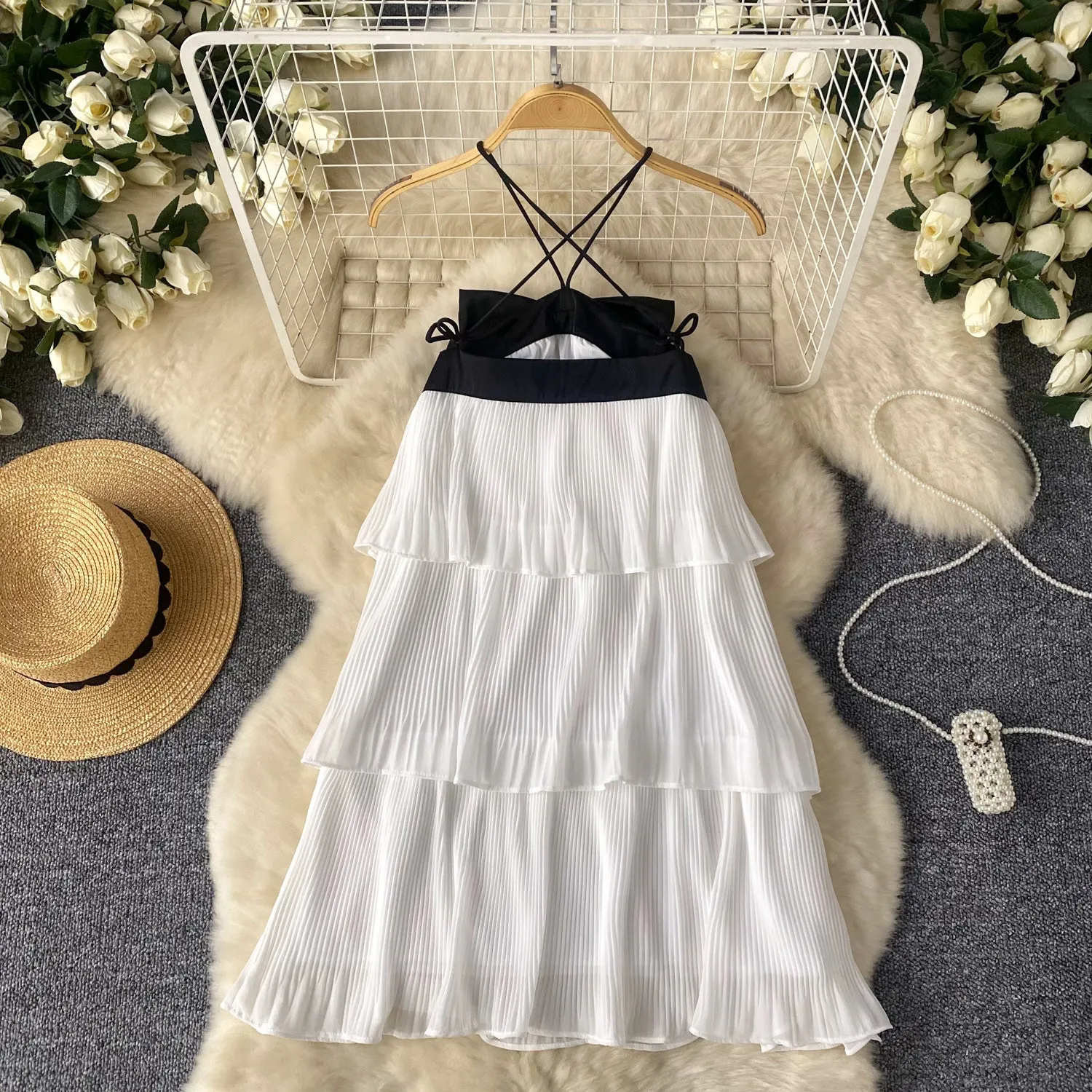 Black Bow White Ruffled Halter Dress