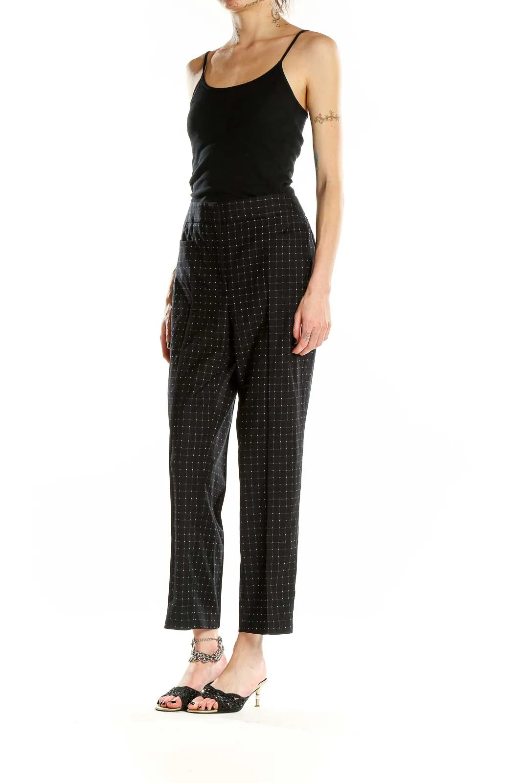 Black Dotted High-Waist Tailored Pants