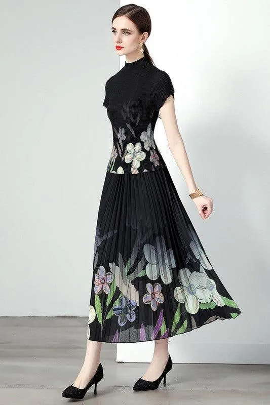 Black Floral Print Pleated Outfit