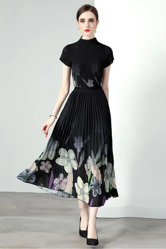 Black Floral Print Pleated Outfit