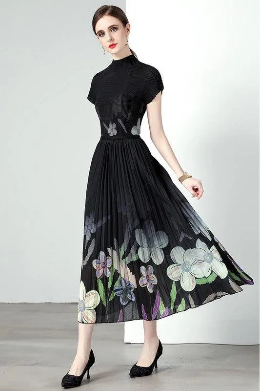 Black Floral Print Pleated Outfit