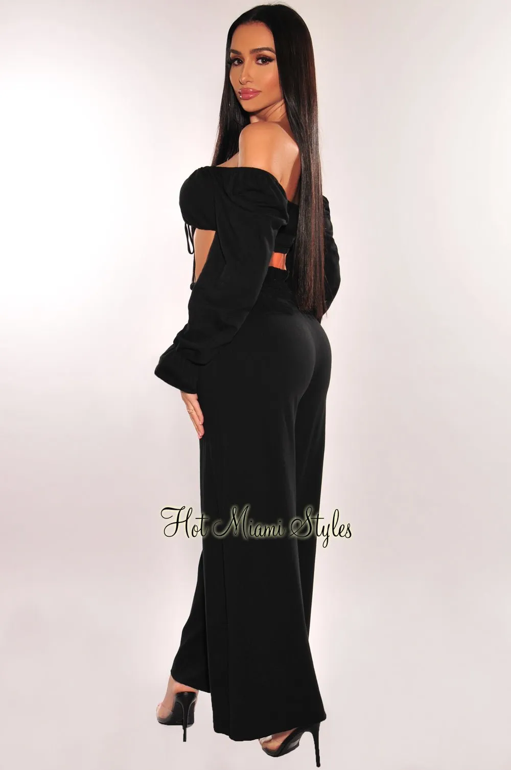 Black Tie Up Long Sleeve High Waist Palazzo Two Piece Set