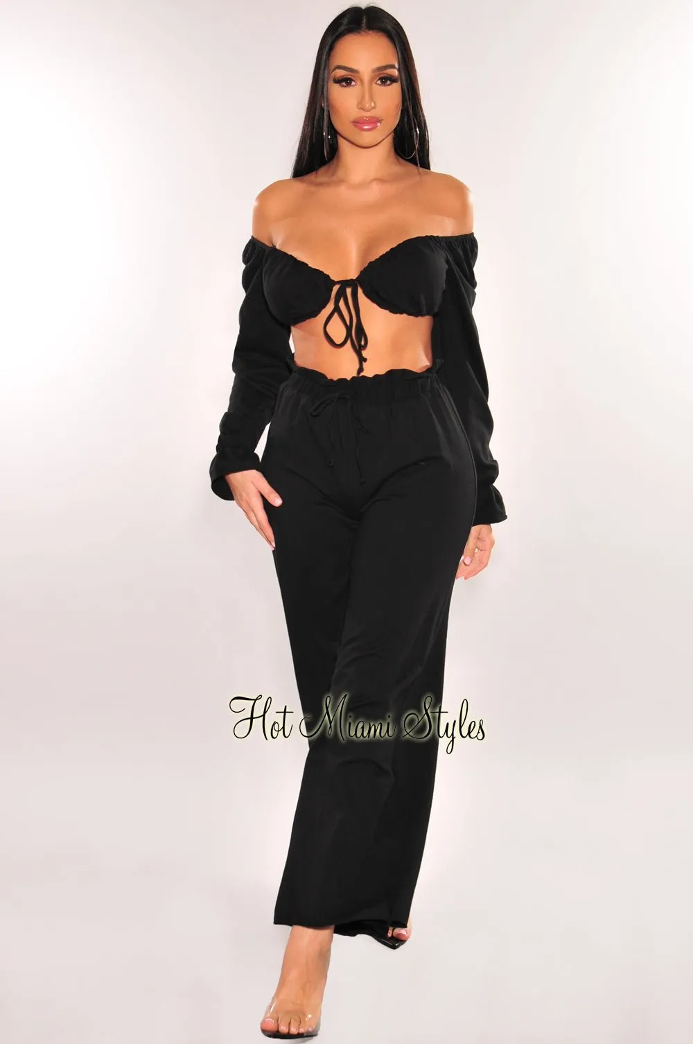 Black Tie Up Long Sleeve High Waist Palazzo Two Piece Set