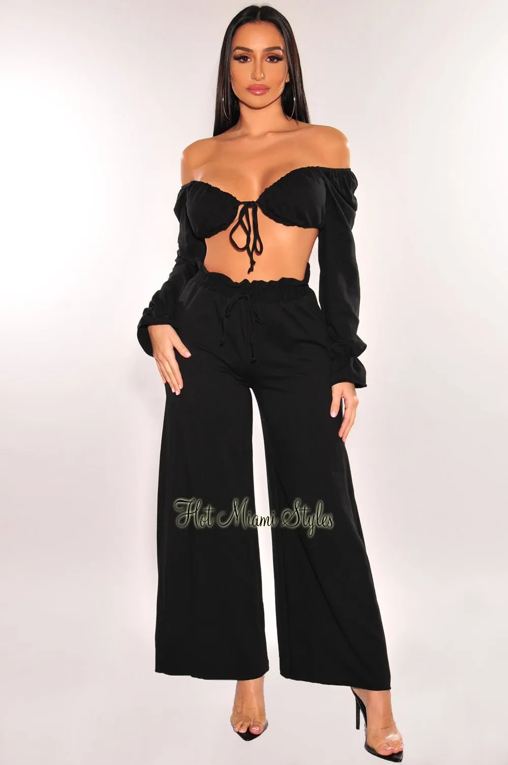 Black Tie Up Long Sleeve High Waist Palazzo Two Piece Set