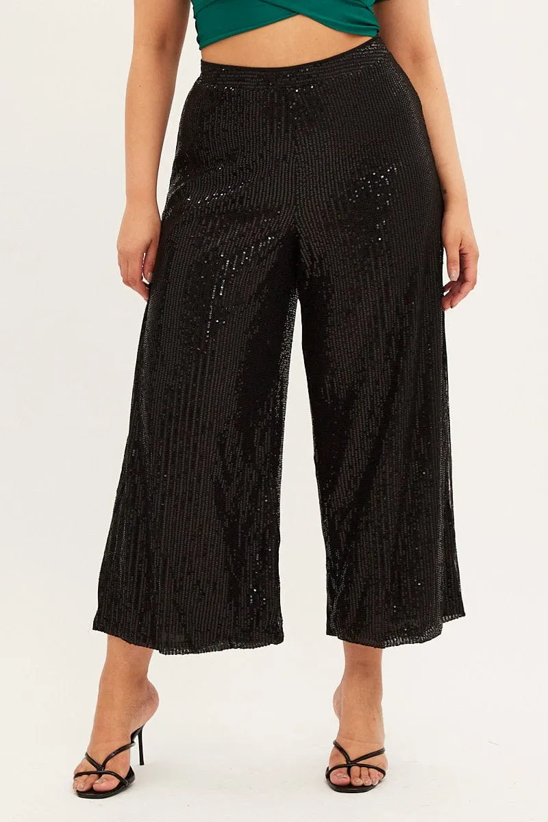 Black Wide Leg Pants High Waist Sequin