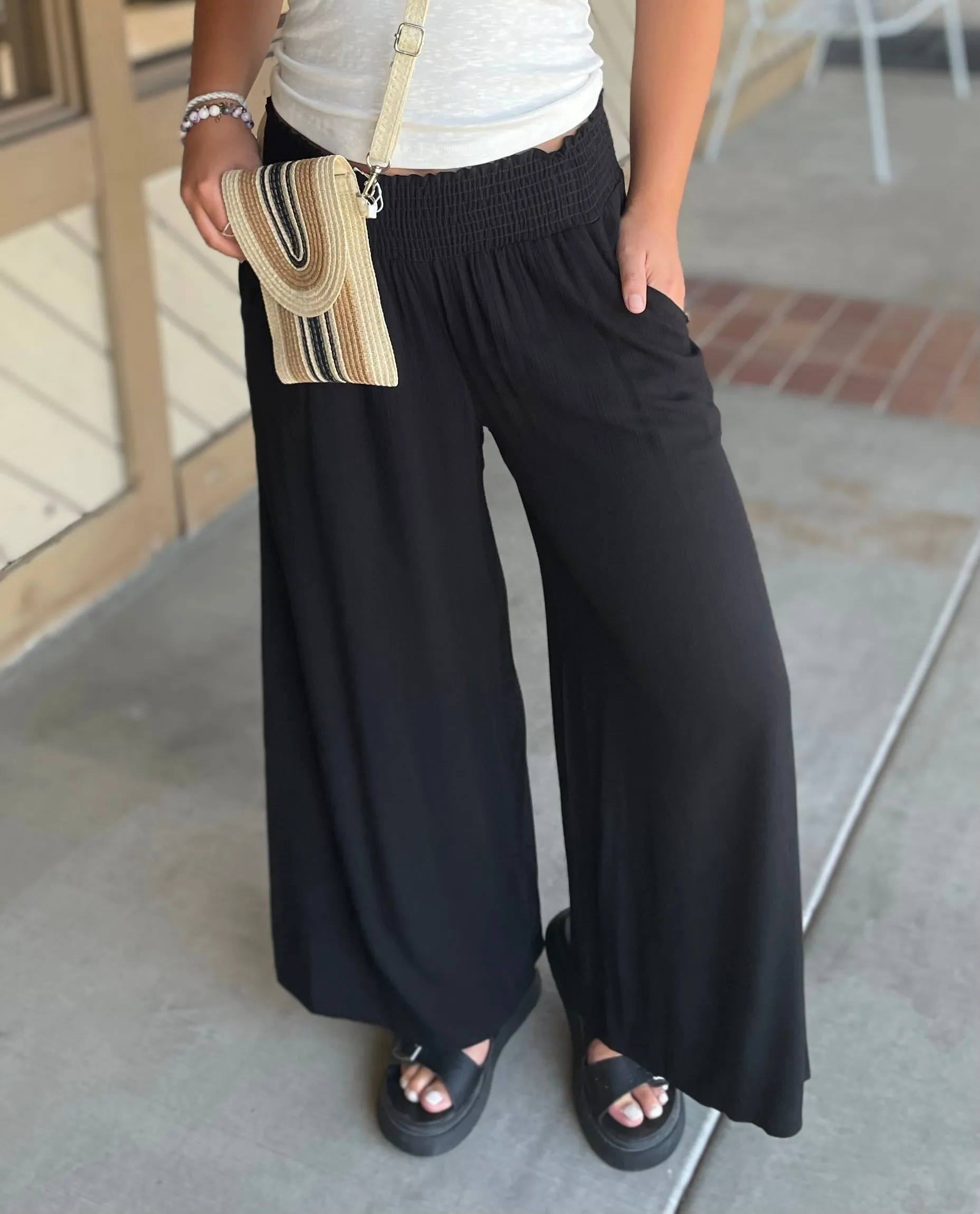 Black Woven Wide Leg & Smocked Waist Pants w/Pockets