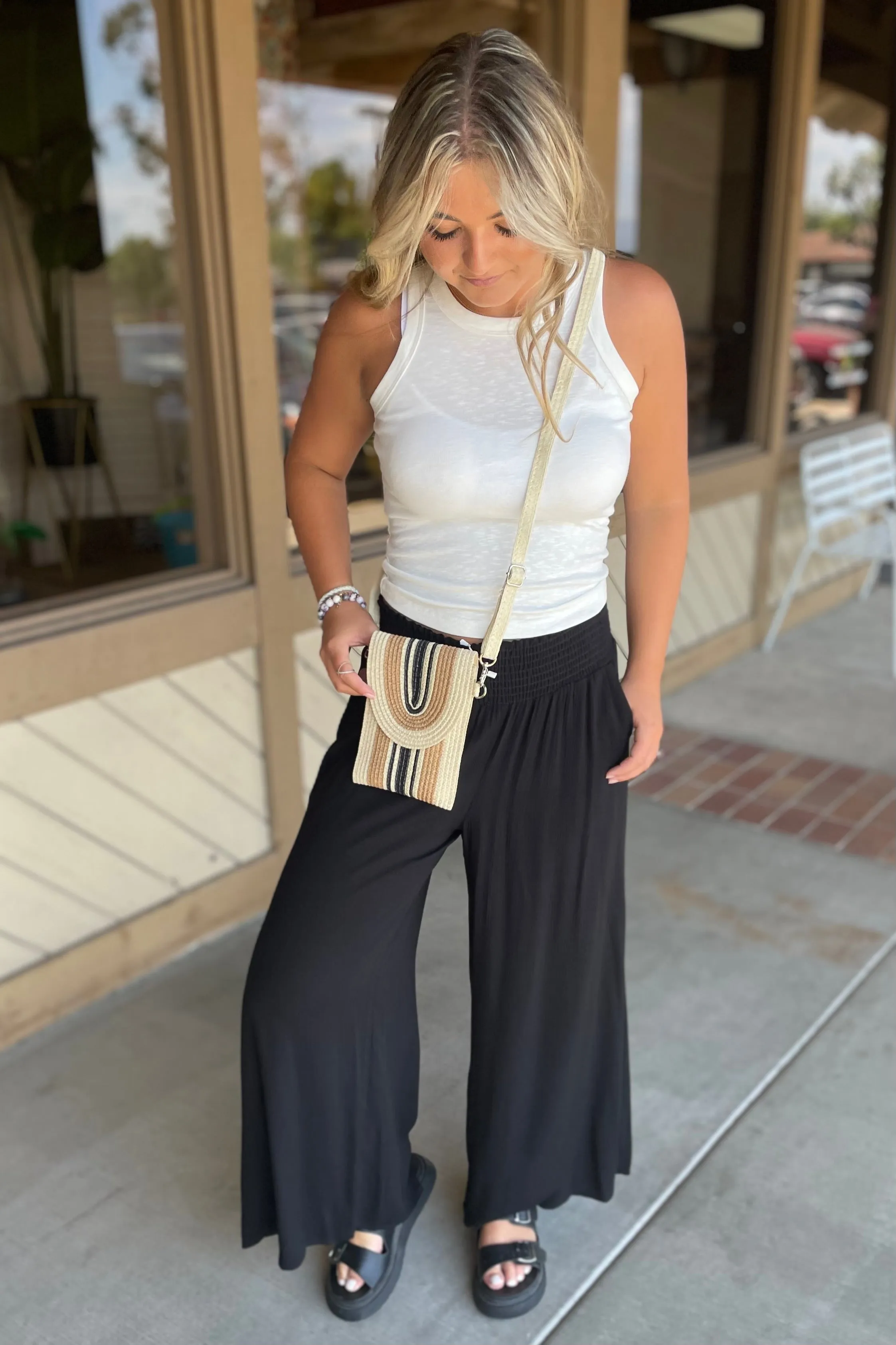 Black Woven Wide Leg & Smocked Waist Pants w/Pockets