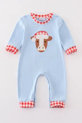 Blue christmas cow applique boy romper