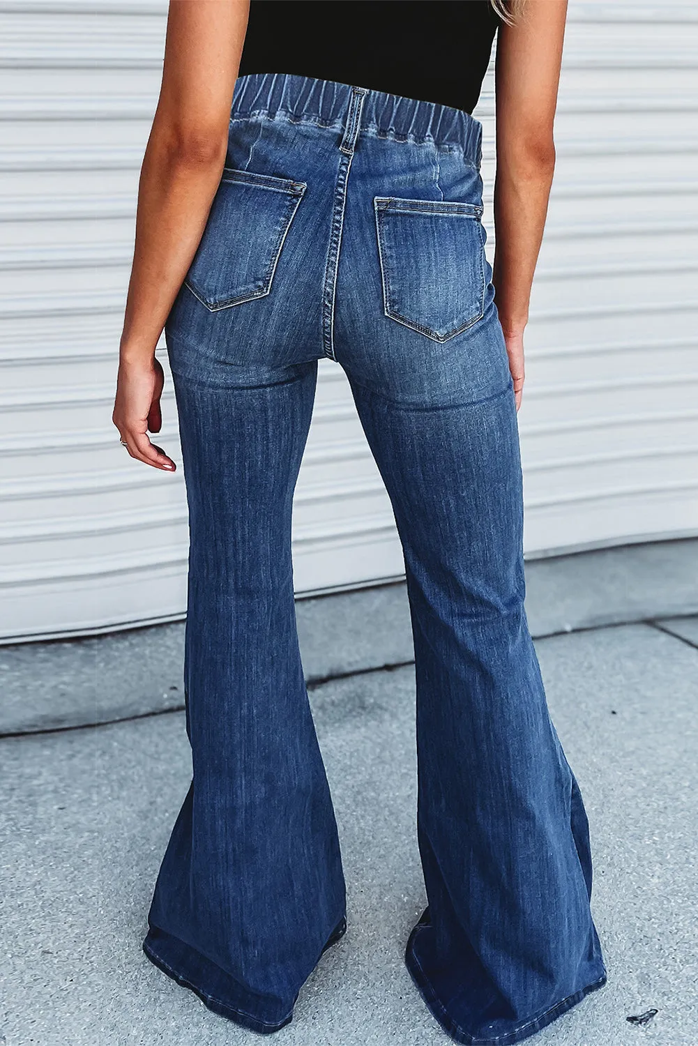 Blue Elastic High Waist Flare Jeans