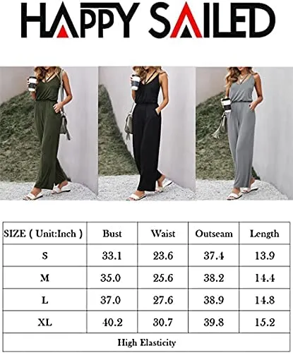 Blue Tie Women's Casual Sleeveless Front Button Loose Jumpsuits Stretchy Long Pants Romper with Pockets - Happy Sailed