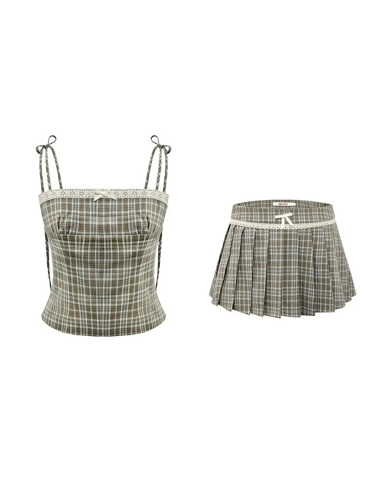 Bow Plaid Camisole & Pleated Short Skirt