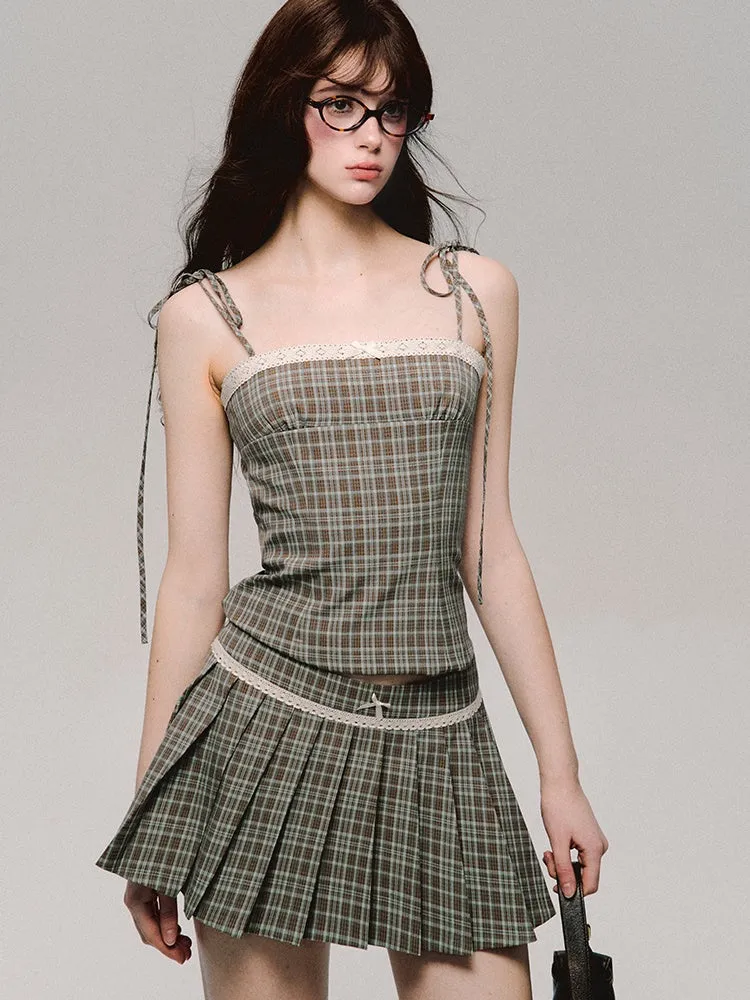 Bow Plaid Camisole & Pleated Short Skirt