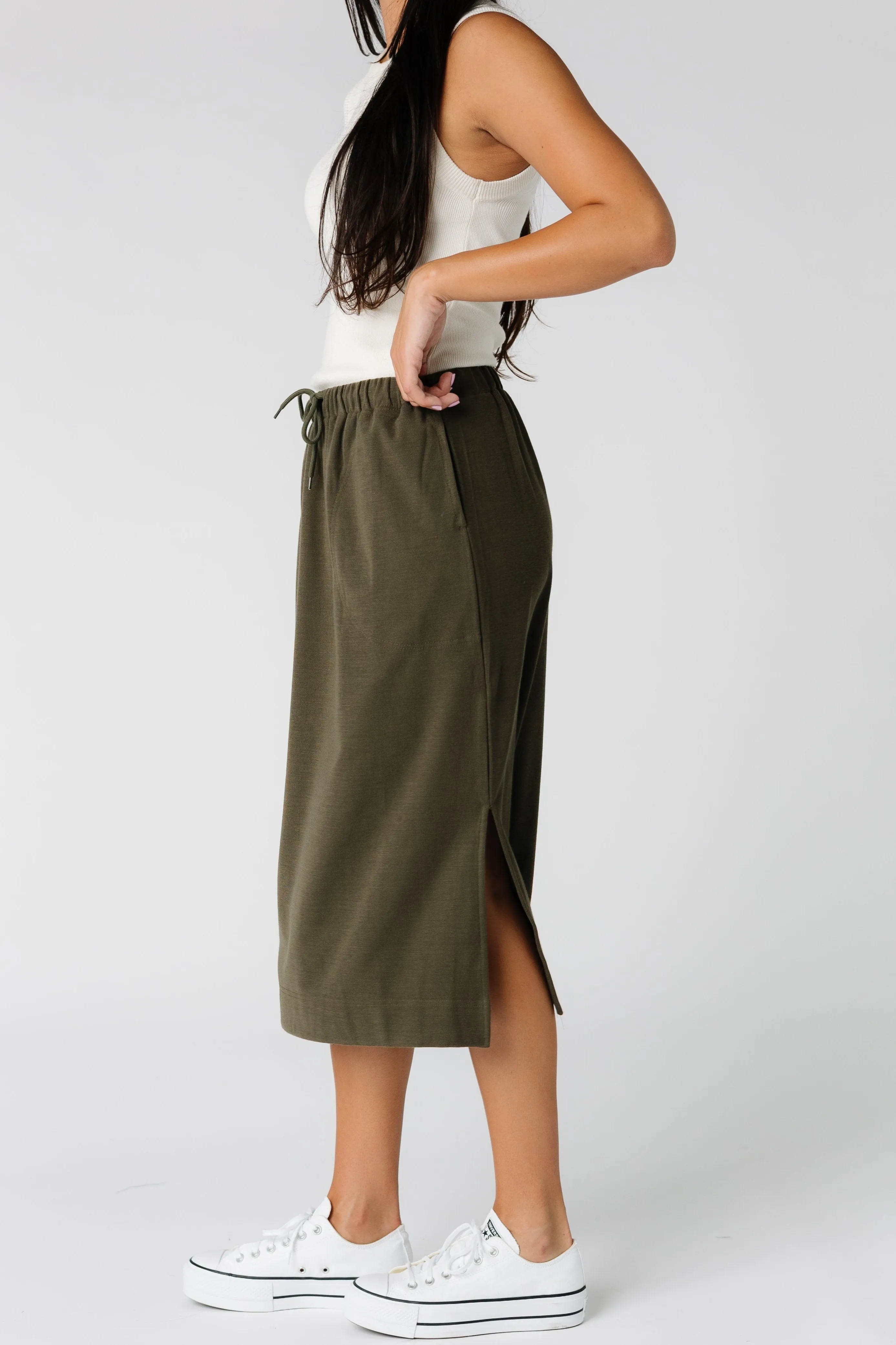 Brass & Roe Ribbed Drawstring Pocket Skirt - Olive