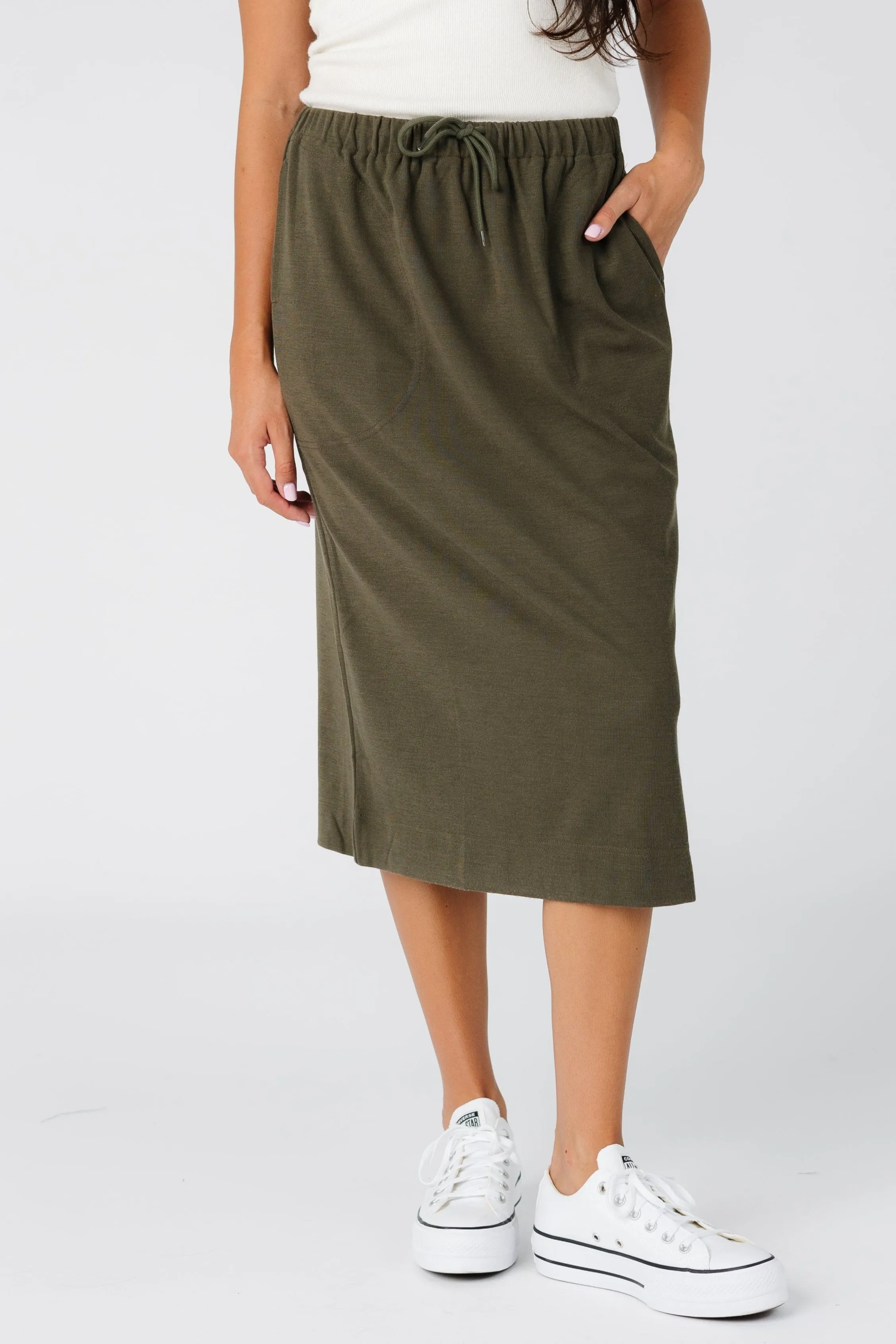 Brass & Roe Ribbed Drawstring Pocket Skirt - Olive