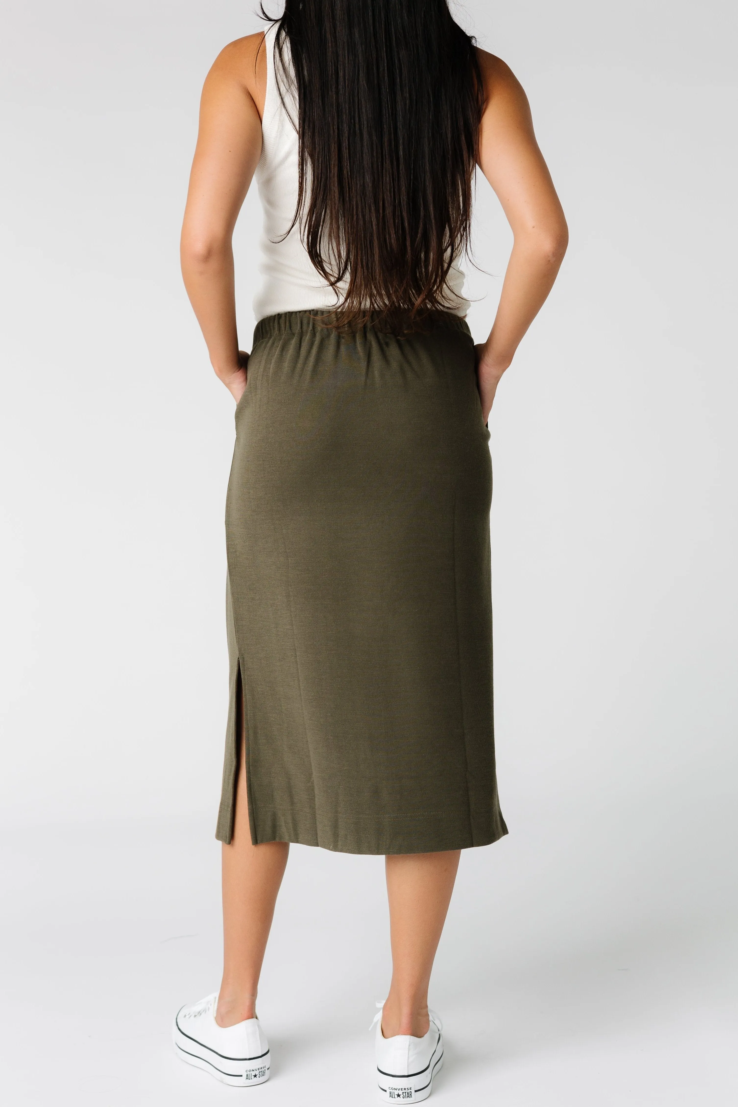 Brass & Roe Ribbed Drawstring Pocket Skirt - Olive