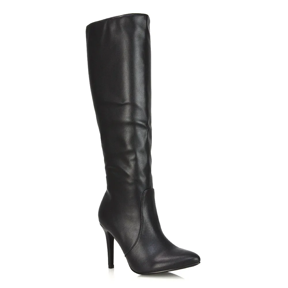 Bree Pointed Toe Zip-up Stiletto Heel Knee High Boots in Black Synthetic Leather