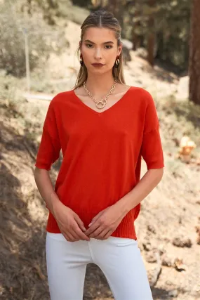 Bright Red V-Neck Short Sleeve Loose Fit Rib Hem Knit Top /2-2-2-1